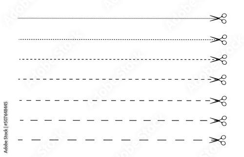 Scissors cut the paper along the edge. Dotted line. Template set. Vector illustration. 