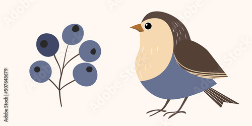 Funny colorful birds, flowers, leaves and berries. Color flat vector illustration with little cartoon bird. Cute characters. Card, postcards for kids