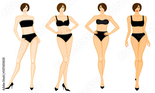 Fashion illustration of young women in bikini, vector set in color, isolated, on white background.