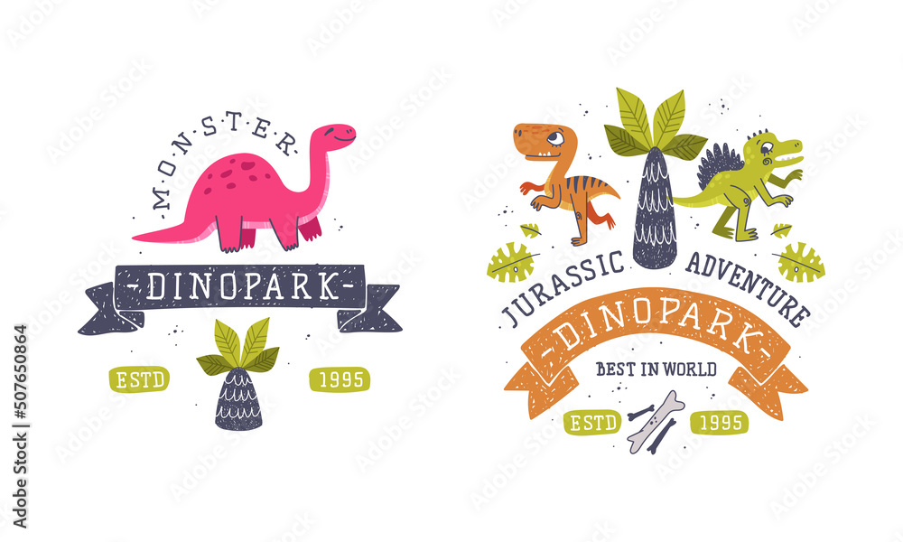 Fototapeta premium Dino Island and Dino Park Family Entertainment Emblem with Funny Dinosaur and Comic Jurassic Predator Vector Set