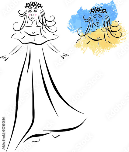 Girl nymph dressed dress vector colored illustration. Sketch with watercolor swatches. Ukrainian flag colors