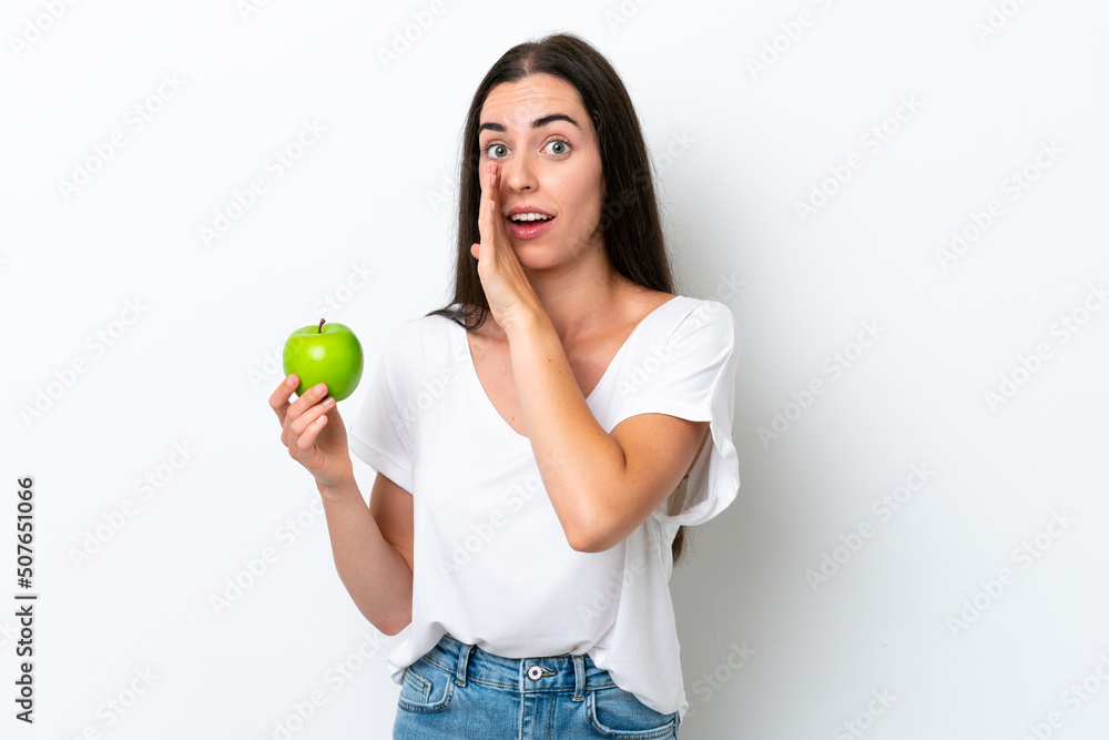 Young caucasian woman isolated on white background whispering something Young caucasian woman isolated on white background whispering something