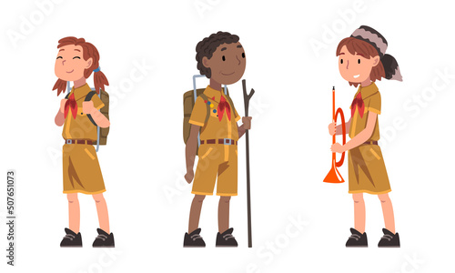 Scouting children set. Boy and girl in explorer outfit hiking with backpacks cartoon vector illustration