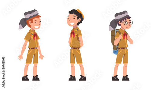 Scouting children set. Cheerful boys in explorer outfit cartoon vector illustration