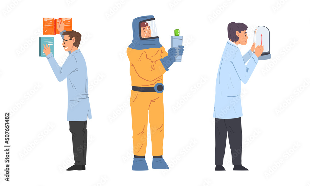 Scientists doing scientific experiment with laboratory equipment set cartoon vector illustration