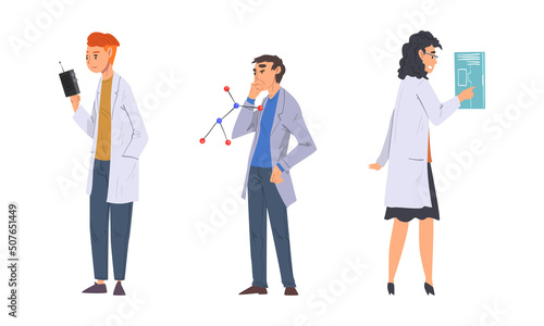 Physicists in white lab coats doing scientific experiment with laboratory equipment set cartoon vector illustration