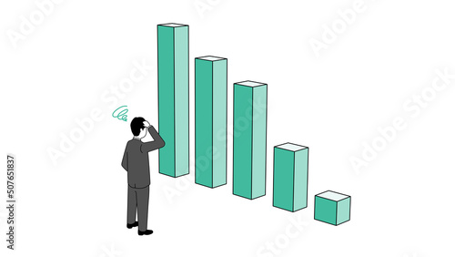 下がるグラフと困ったビジネスマンのイラスト、アイソメトリック、ベクター