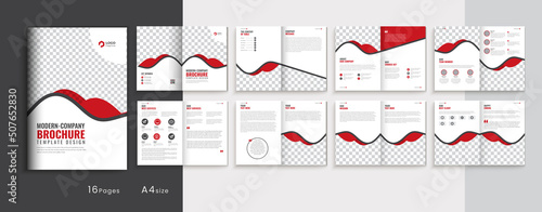 Red & black A4 size Multipage business brochure template layout design, 16 pages business profile brochure design, modern bi-fold brochure fully editable template