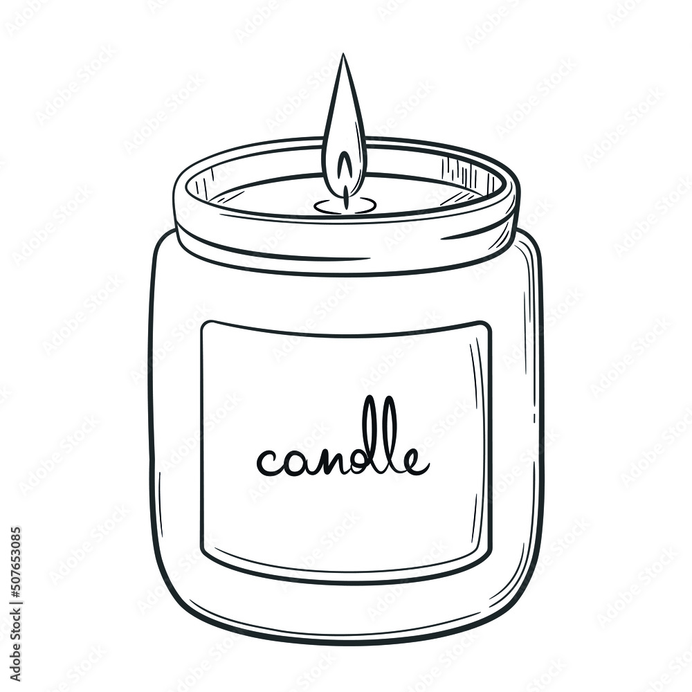 Burning candle in a glass jar with a label. Doodle sketch style. Line drawing simple wax candle icon. Isolated vector illustration with strokes. Burning candle in a glass jar with a label. Doodle sketch style. Line drawing simple wax candle icon. Isolated vector illustration with strokes.