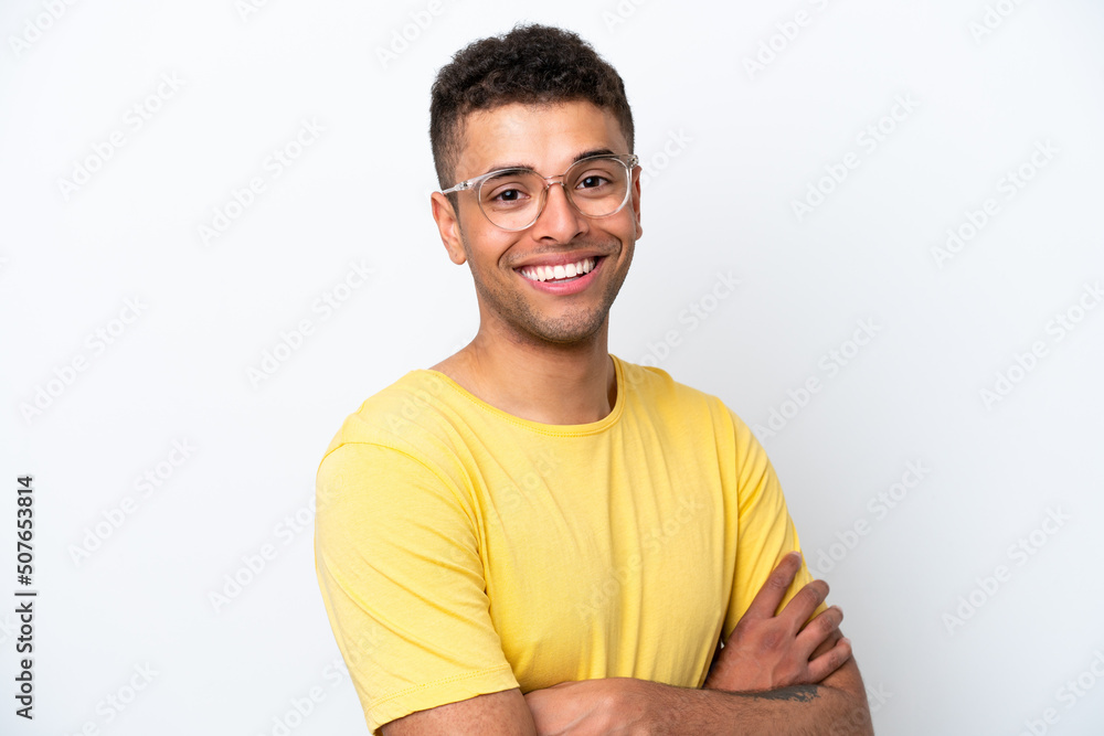 Young Brazilian man isolated on white background With glasses with happy expression Young Brazilian man isolated on white background With glasses with happy expression