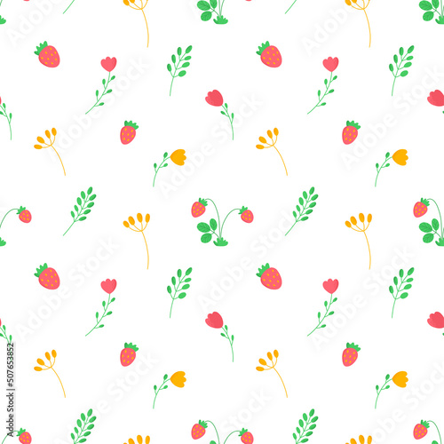 Vector seamless pattern with wildflowers and strawberry. Illustration for fabric, textile, wallpaper, background.