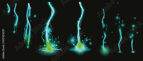 Thunder electric lightning vector animation clipart, flash energy clash, thunderbolt power storm. Green bolt illustration, magic bright ray crack, nature electricity hit. Lightning game animation