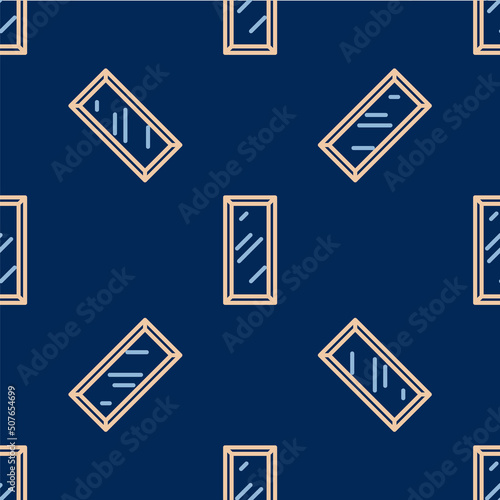 Line Big full length mirror for bedroom, shops, backstage icon isolated seamless pattern on blue background. Vector