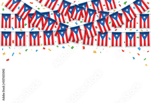 Puerto Rico flags garland white background with confetti, Hanging bunting for Independence Day celebration template banner, Vector illustration