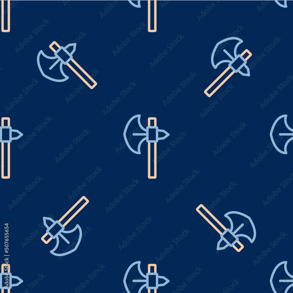 Line Medieval axe icon isolated seamless pattern on blue background. Battle axe, executioner axe. Medieval weapon. Vector Line Medieval axe icon isolated seamless pattern on blue background. Battle axe, executioner axe. Medieval weapon. Vector