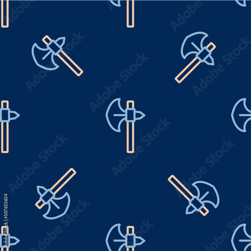 Line Medieval axe icon isolated seamless pattern on blue background. Battle axe, executioner axe. Medieval weapon. Vector