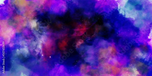 Bright pink violet and magenta neon watercolor background. Paper textured aquarelle canvas for creative design. Abstract cosmic purple ink texture water color paint illustration.