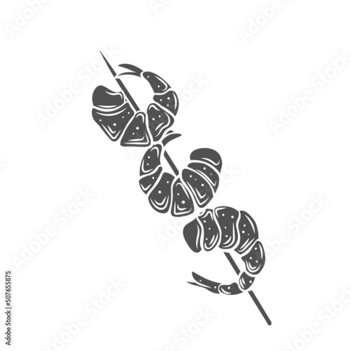 Grilled shrimp on a skewer, roasted prawn colored silhouette glyph icon, engraved monochrome illustration.