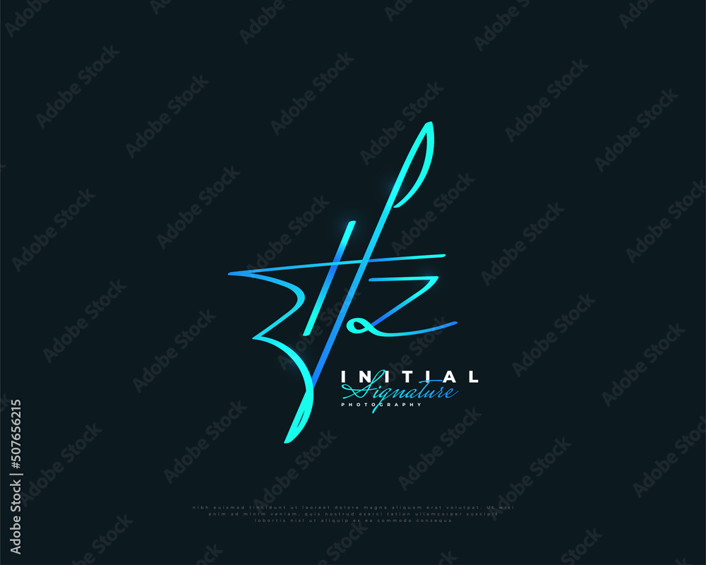 HZ Initial Logo Design with Elegant Blue Handwriting Style. HZ Signature Logo or Symbol for Wedding, Fashion, Jewelry, Boutique, Botanical, Floral and Business Identity