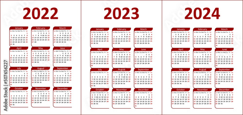 Calendar 2022, 2023 and 2024. Red and black letters and figures on a white background. Week starts on Sunday. 