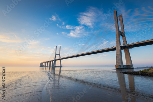 Vasco da Gama bridge over tagus river in Lisbon  Portugal  at sunrise