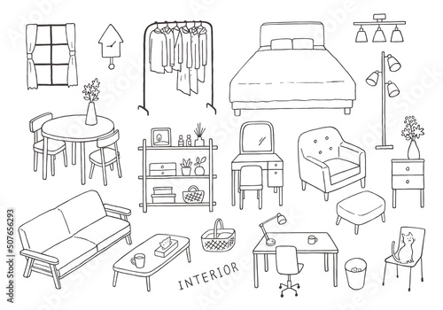 インテリア・家具の手描きイラストセット2（モノクロ）