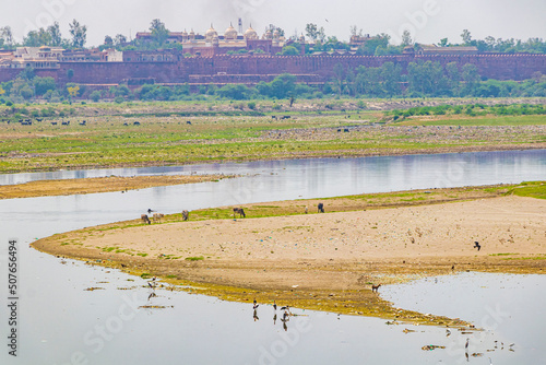 Yamuna ghat river at Taj Mahal panorama in Agra India. photo