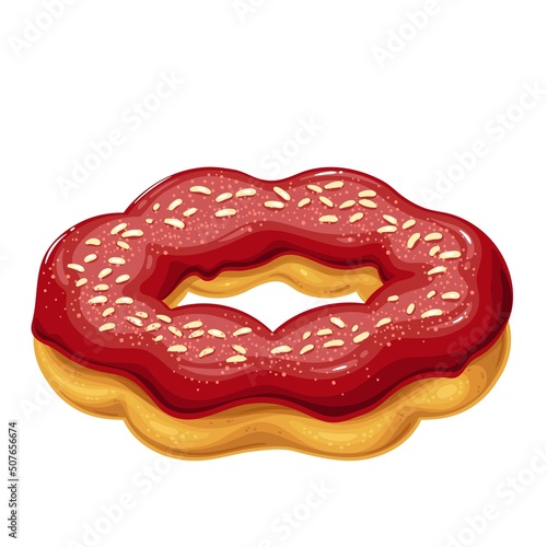 Mochi Donut. Bakery dessert menu, Japanese mochi donut with topping cherry glaze. Vector illustration.