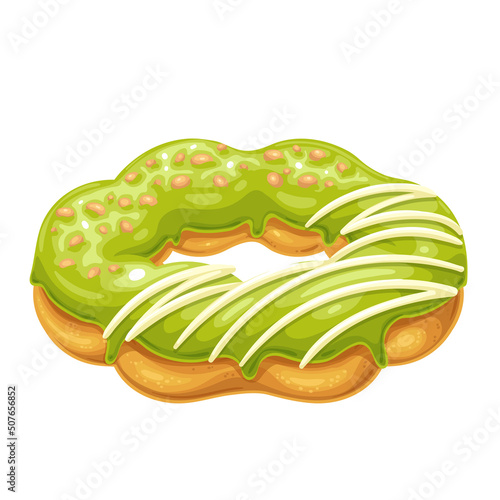 Mochi Donut. Bakery dessert menu, Japanese mochi donut with topping pistachios glaze. Vector illustration.