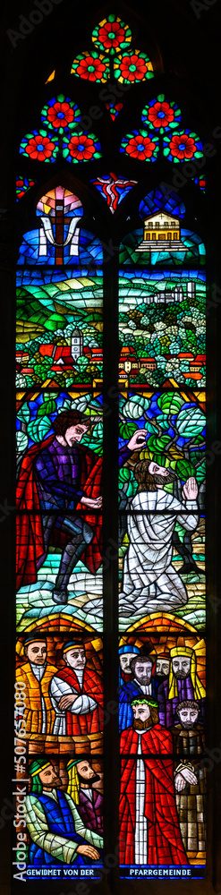 Stained-glass window depicting Jesus on the Mount of Olives and condemnation by Pontius Pilate. Votivkirche – Votive Church, Vienna, Austria. 2020-07-29. 