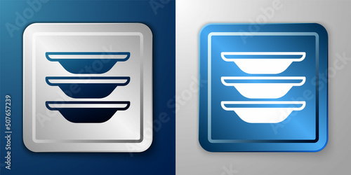 White Washing dishes icon isolated on blue and grey background. Cleaning dishes icon. Dishwasher sign. Clean tableware sign. Silver and blue square button. Vector