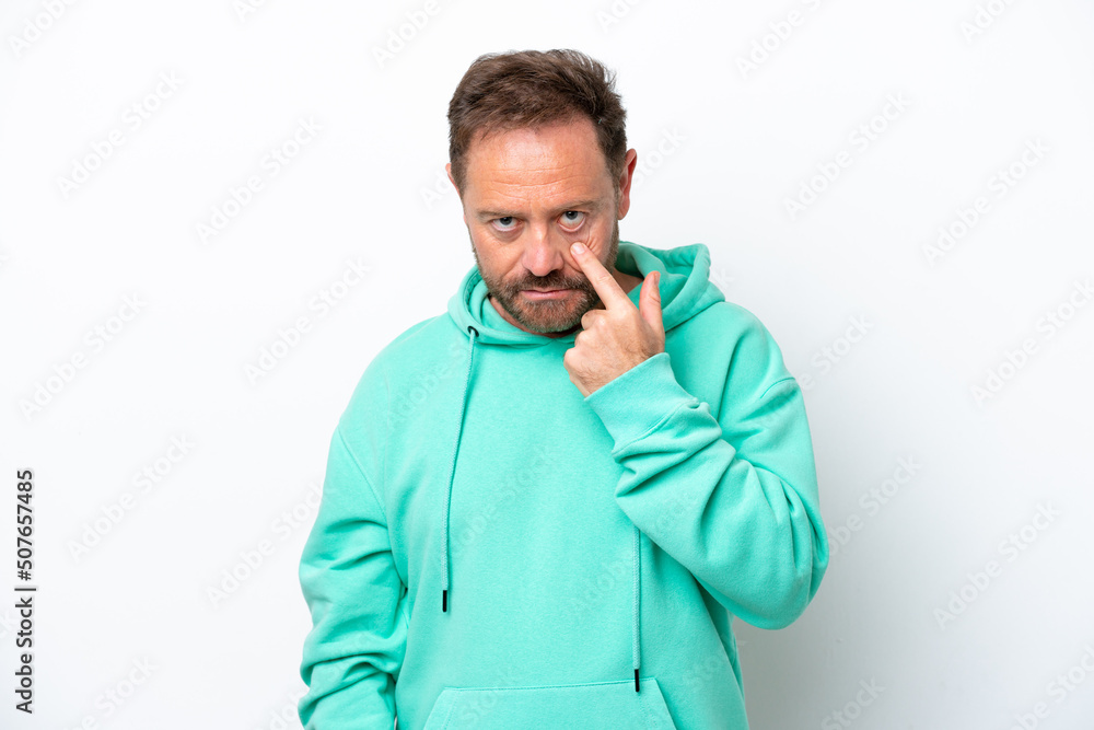 Middle age caucasian man isolated on white background showing something Middle age caucasian man isolated on white background showing something