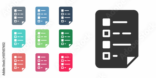 Black Clipboard with checklist icon isolated on white background. Control list symbol. Survey poll or questionnaire feedback form. Set icons colorful. Vector
