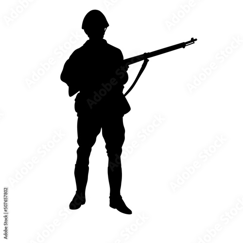 Black and white silhouette of a soldier with a weapon. A special forces soldier aims and shoots a rifle or a machine gun at the enemy