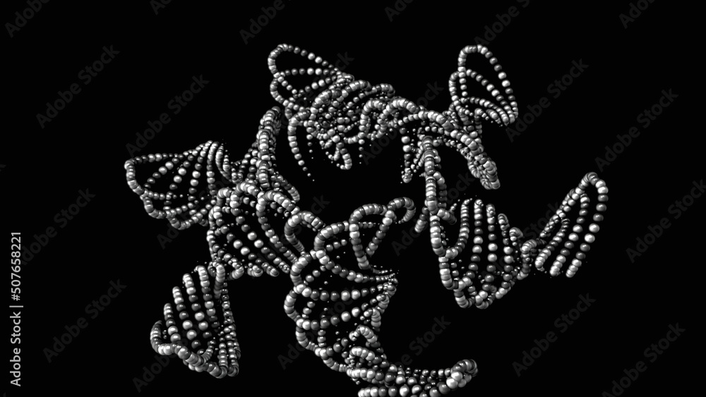 Abstract animation of monochrome patterns of small beads rotating and floating on the black background. Animation. 3d white beaded decorations