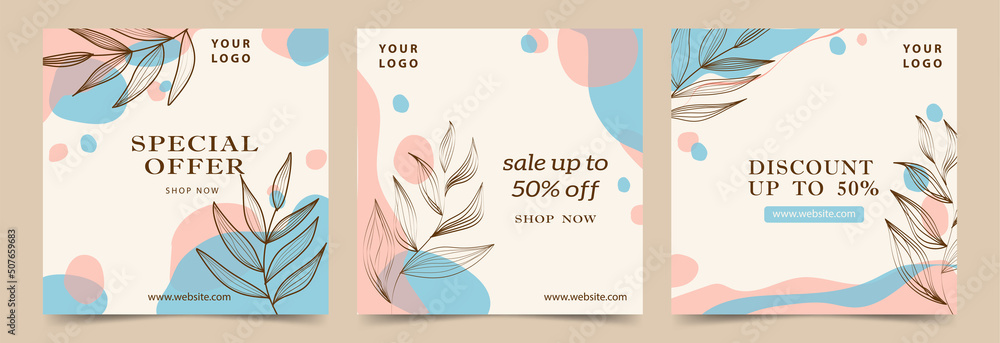 Abstract creative minimalist background with hand drawn twig leaves and flower plants. Design for postcard, poster, social networks or brochure.