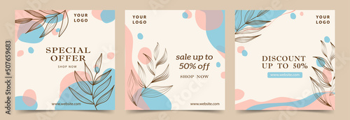 Abstract creative minimalist background with hand drawn twig leaves and flower plants. Design for postcard, poster, social networks or brochure.