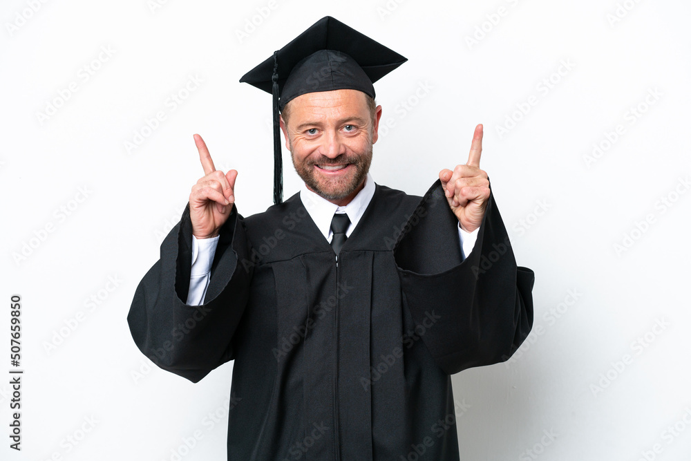 Middle age university graduate man isolated on white background pointing up a great idea Middle age university graduate man isolated on white background pointing up a great idea