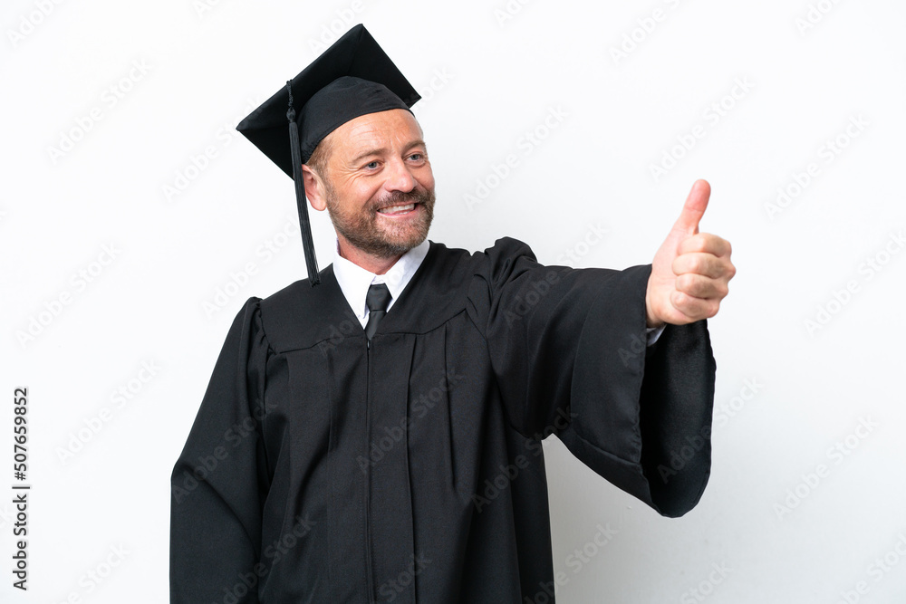 Middle age university graduate man isolated on white background giving a thumbs up gesture Middle age university graduate man isolated on white background giving a thumbs up gesture