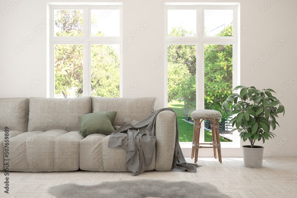 White living room with sofa and summer landscape in window. Scandinavian interior design. 3D illustration White living room with sofa and summer landscape in window. Scandinavian interior design. 3D illustration