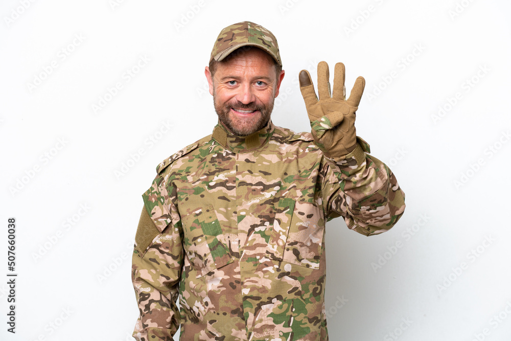 Military man isolated on white background happy and counting four with fingers Military man isolated on white background happy and counting four with fingers