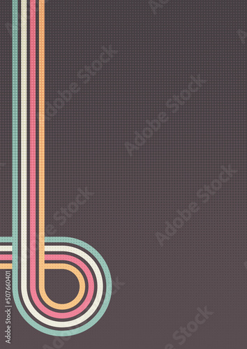 Retro background with stripes and half-tone texture in 1970s style. Vintage template for cover or banner. Vector illustration in retro colors.