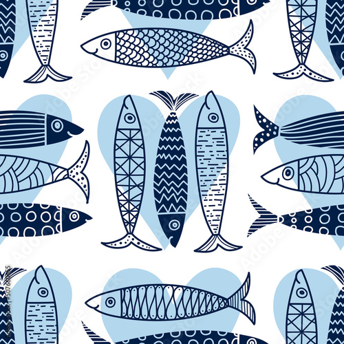 Cute sardine anf love. Seamless pattern. Can be used in textile industry, paper, background, scrapbooking.