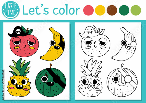 Pirate coloring page for children with pirate kawaii fruits. Vector treasure island outline illustration. Color book for kids with colored example. Drawing skills printable worksheet.