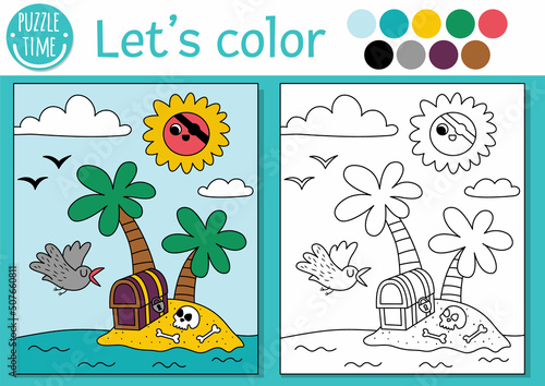 Pirate coloring page for children with palm trees, treasure chest. Vector treasure island outline illustration. Color book for kids with colored example. Drawing skills printable worksheet.