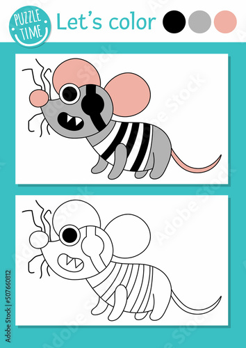 Pirate coloring page for children with cute rat. Vector treasure island outline illustration. Color book for kids with colored example and mouse. Drawing skills printable worksheet.