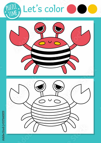 Pirate coloring page for children with cute crab. Vector treasure island outline illustration. Color book for kids with colored example. Drawing skills printable worksheet.