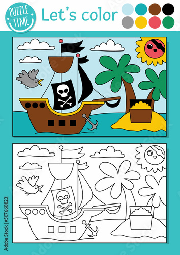 Pirate coloring page for children with palm trees, treasure chest, pirate ship. Vector treasure island outline illustration. Color book for kids with colored example. Drawing printable worksheet.
