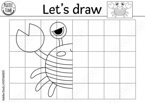 Complete the pirate crab picture. Vector pirate symmetrical drawing practice worksheet. Printable black and white activity for preschool kids. Copy the picture treasure island game with cute animal.