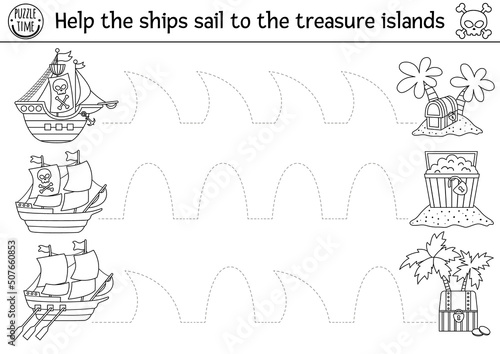 Vector pirate ship handwriting practice worksheet. Treasure island printable black and white activity for preschool children. Tracing game for writing skills. Coloring page with cute boats.
